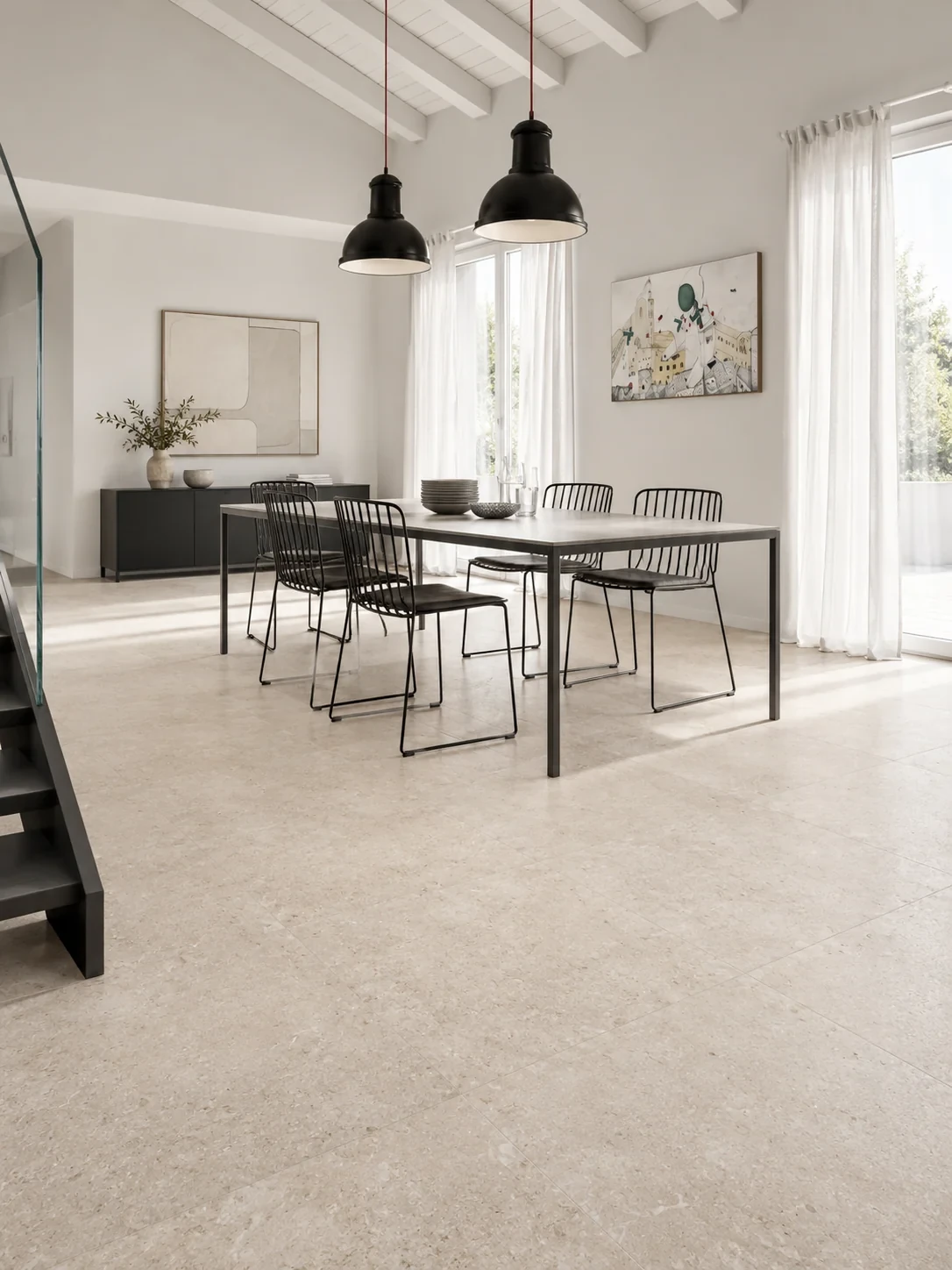Marazzi Mystone Limestone Ivory 60x60 w jasnej jadalni Contemporary z czarnymi krzesłami