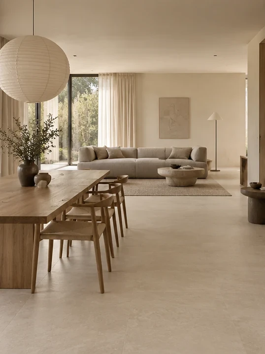 Marazzi Mystone Limestone Ivory w salonie z jadalnią Japandi z jasnym drewnem