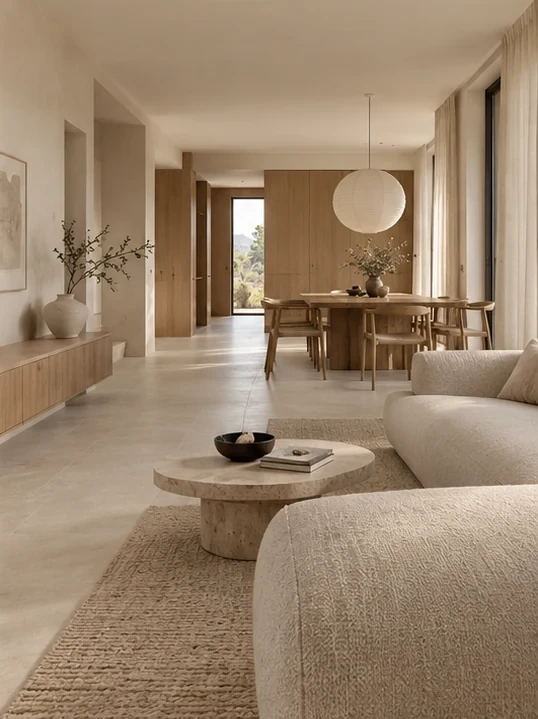 Płytki Limestone Ivory w strefie dziennej Japandi z naturalnymi tkaninami