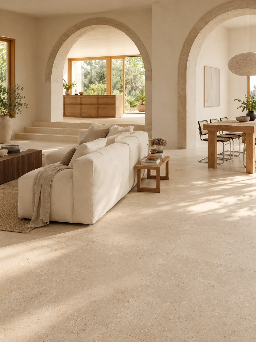 Marazzi Mystone Limestone Sand 120x120 w salonie z jadalnią New Modern z drewnianą zabudową