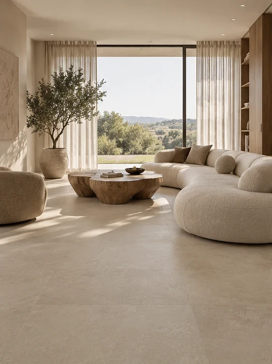 Marazzi Mystone Limestone Sand w salonie Organic Modern z obłą sofą i naturalnym drewnem