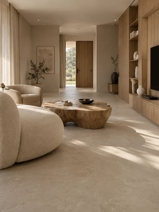 Płytki Marazzi Limestone Sand w salonie Organic Modern z drewnianą zabudową