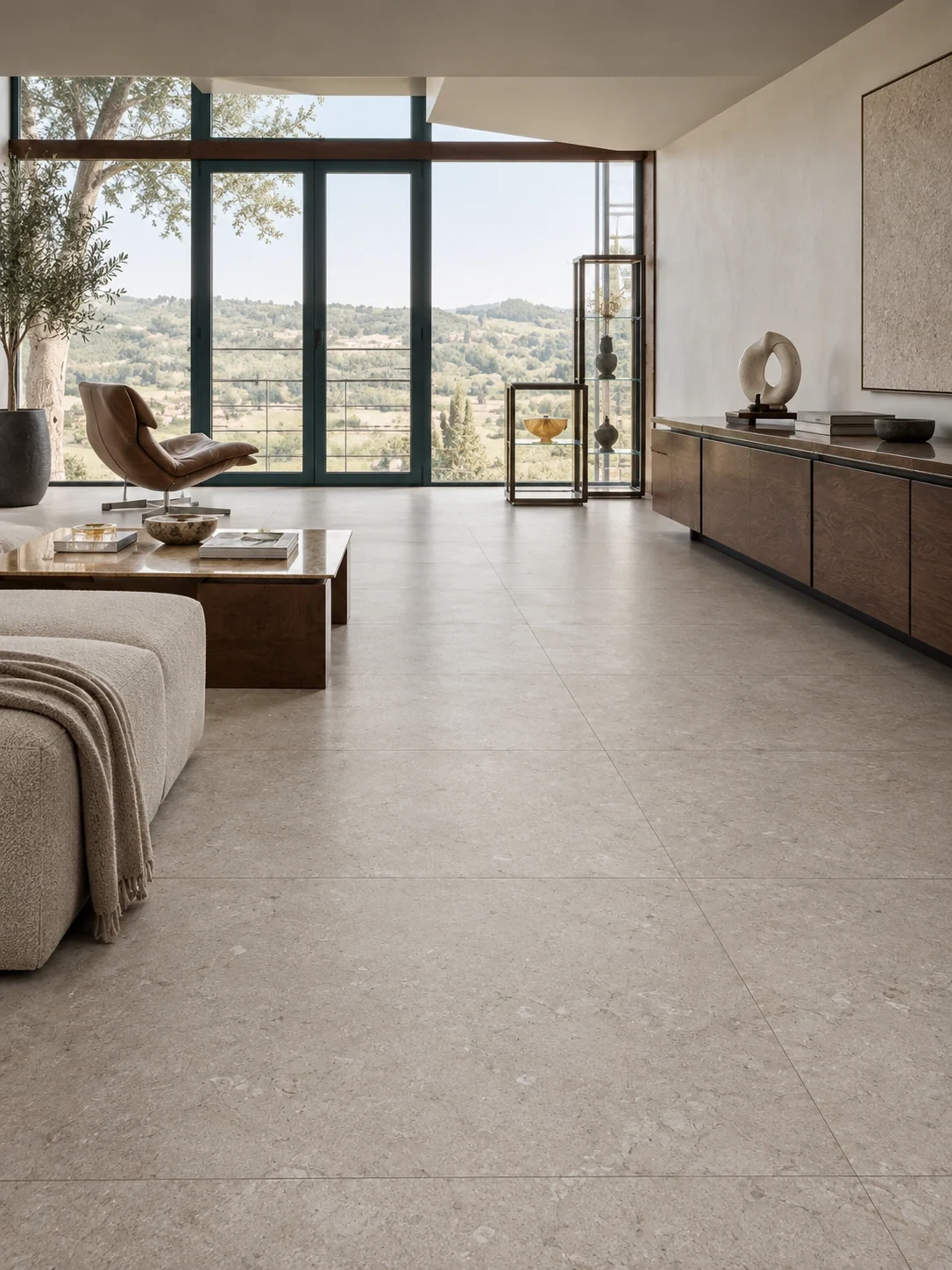 Marazzi Mystone Limestone Taupe 120x120 w salonie Quiet Luxury z ciemnym drewnem