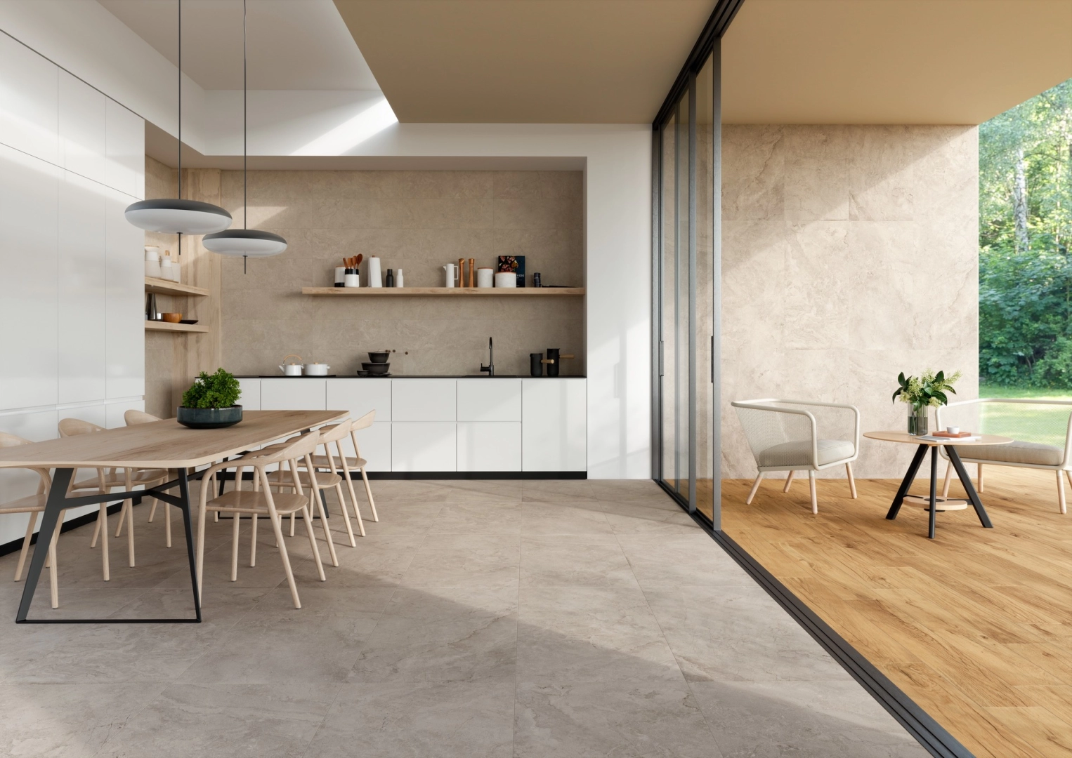Marazzi Alba gres o efekcie drewna i kamienia w nowoczesnym apartamencie