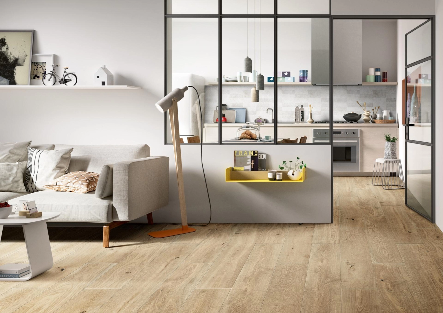 Gres Marazzi Actually efekt drewno w nowoczesnym salonie