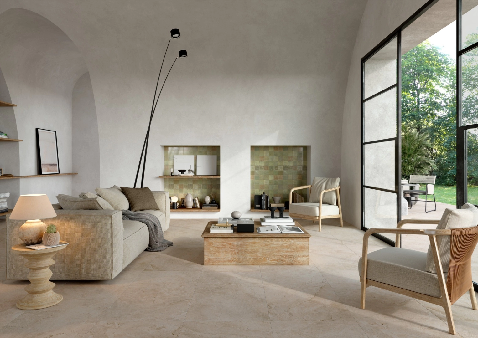 Gres porcelanowy Marazzi Alba drewno i kamień w luksusowym salonie