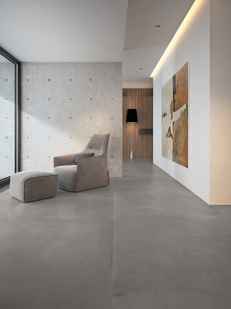 Marazzi Grande Concrete Look gres o efekcie betonu na podłodze w nowoczesnym domu