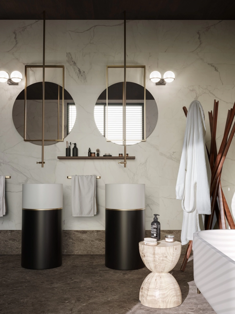Gres porcelanowy Marazzi Allmarble Wall marmur w minimalistycznym wnętrzu