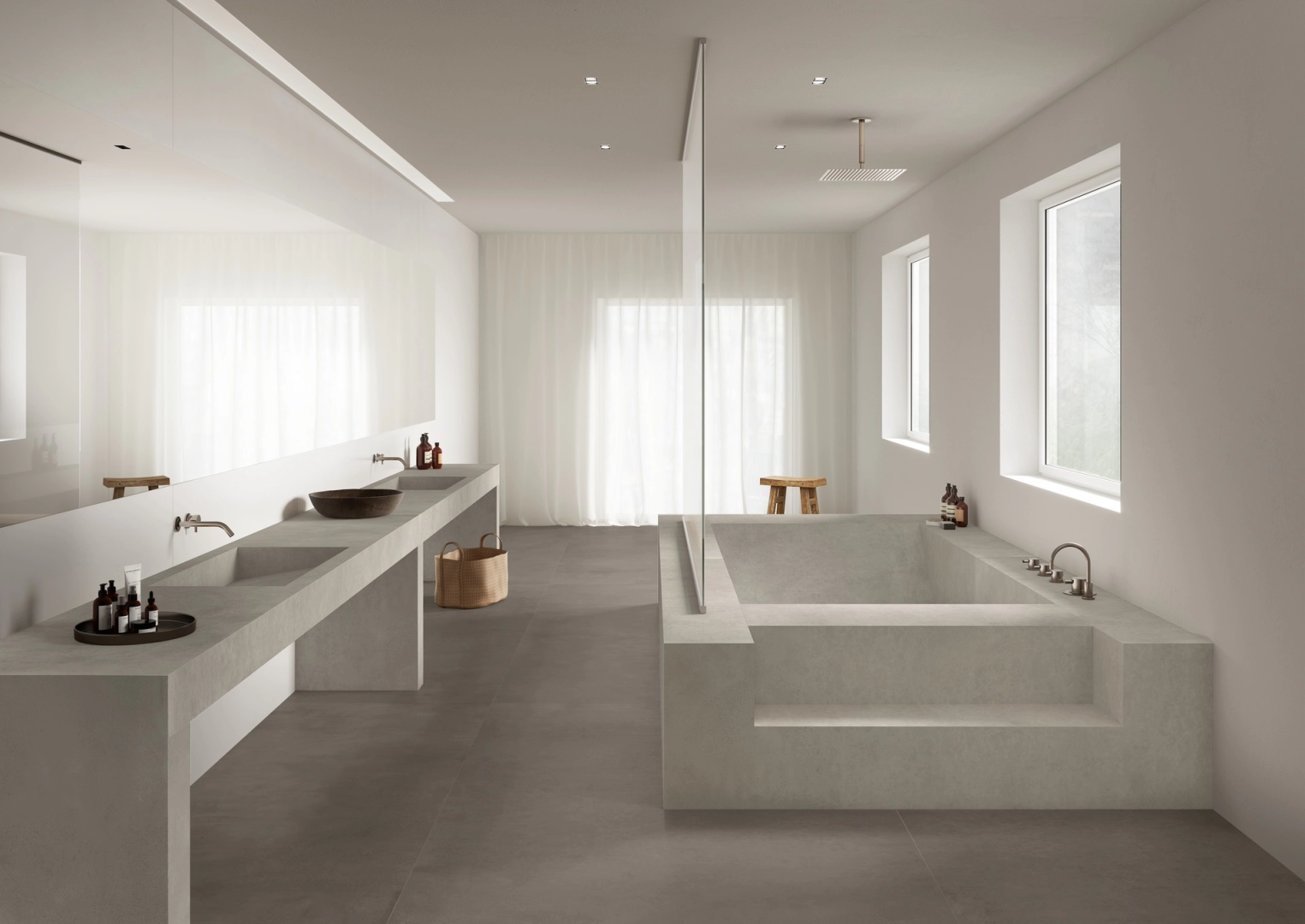 Gres Marazzi Grande Concrete Look efekt beton w minimalistycznym salonie