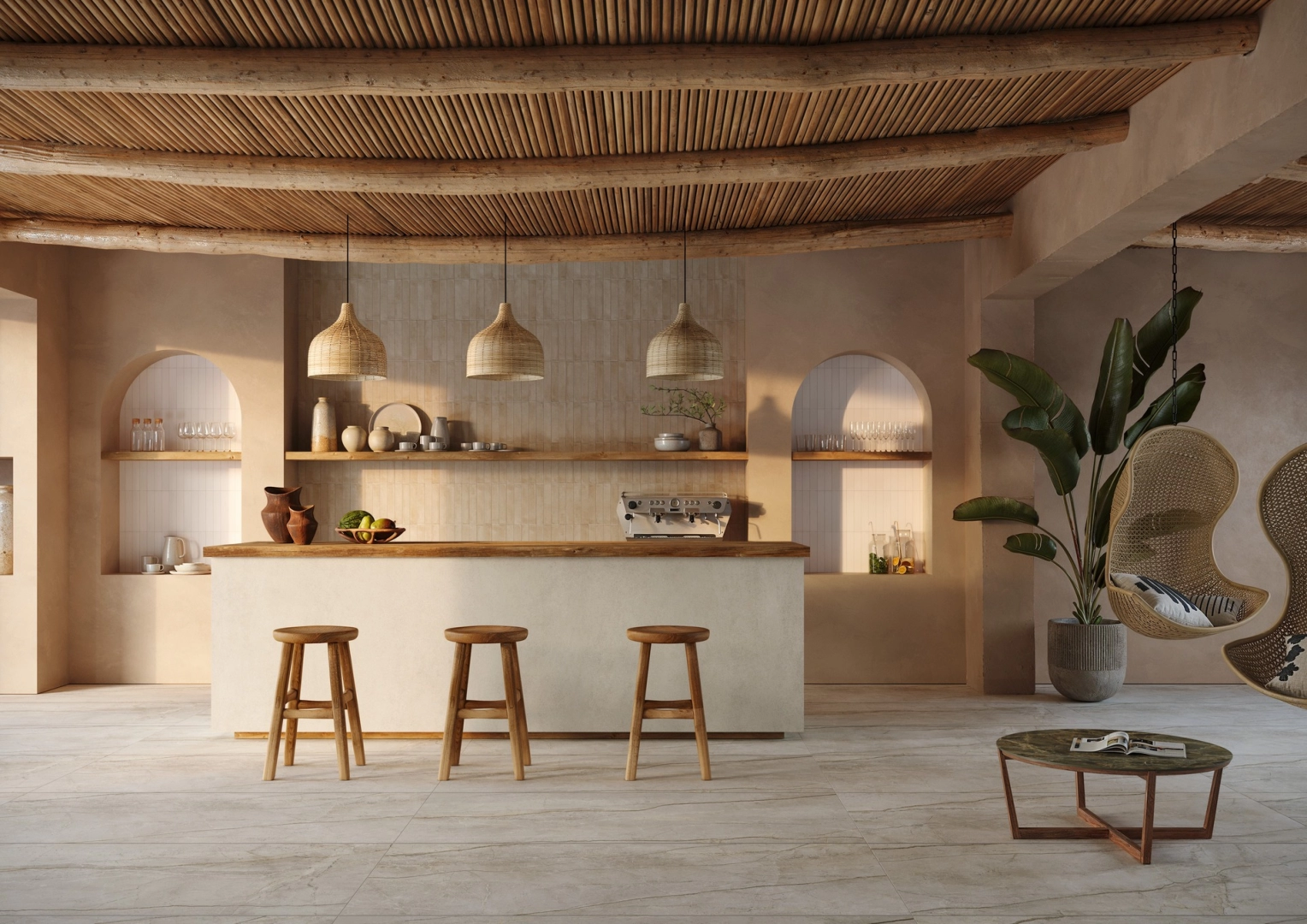 Wielkoformatowy gres Marazzi Grande Concrete Look efekt beton w salonie z kominkiem