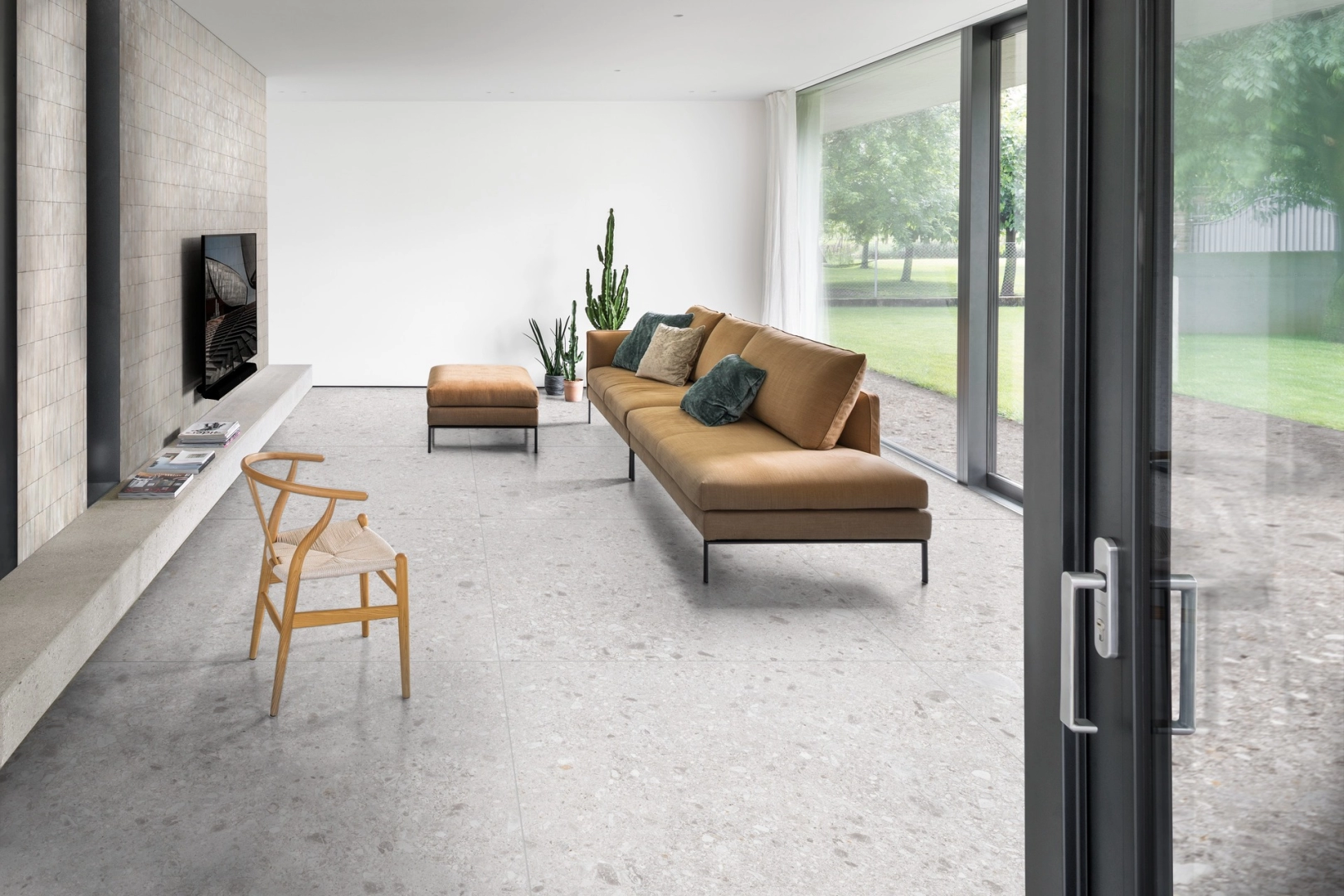 Gres porcelanowy Marazzi Mystone Ceppo DI Gre terrazzo w minimalistycznym wnętrzu