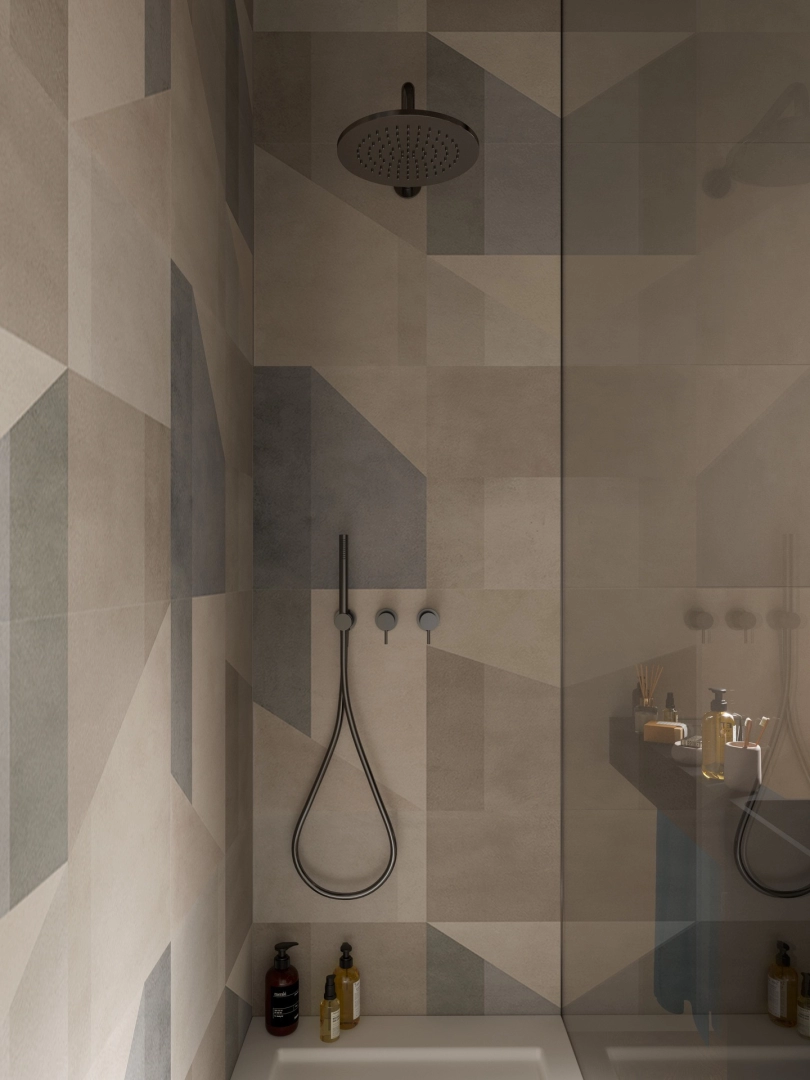 Płytki gresowe Marazzi Alchimia efekt beton w eleganckim salonie z dużymi przeszkleniami