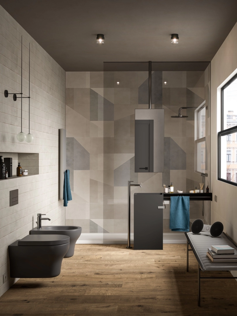 Gres porcelanowy Marazzi Alchimia beton w minimalistycznym wnętrzu