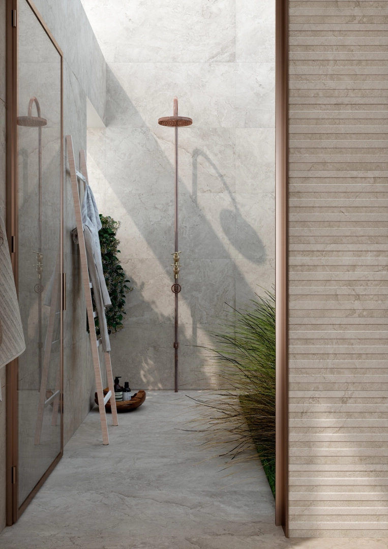 Gres porcelanowy Marazzi Alba drewno i kamień w przestronnej strefie dziennej