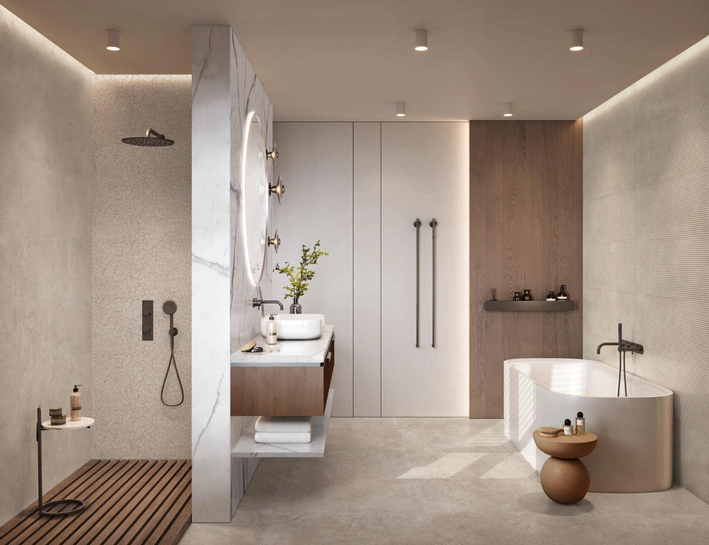 Gres porcelanowy Ragno Travertino Wall efekt kamień w nowoczesnej aranżacji salonu