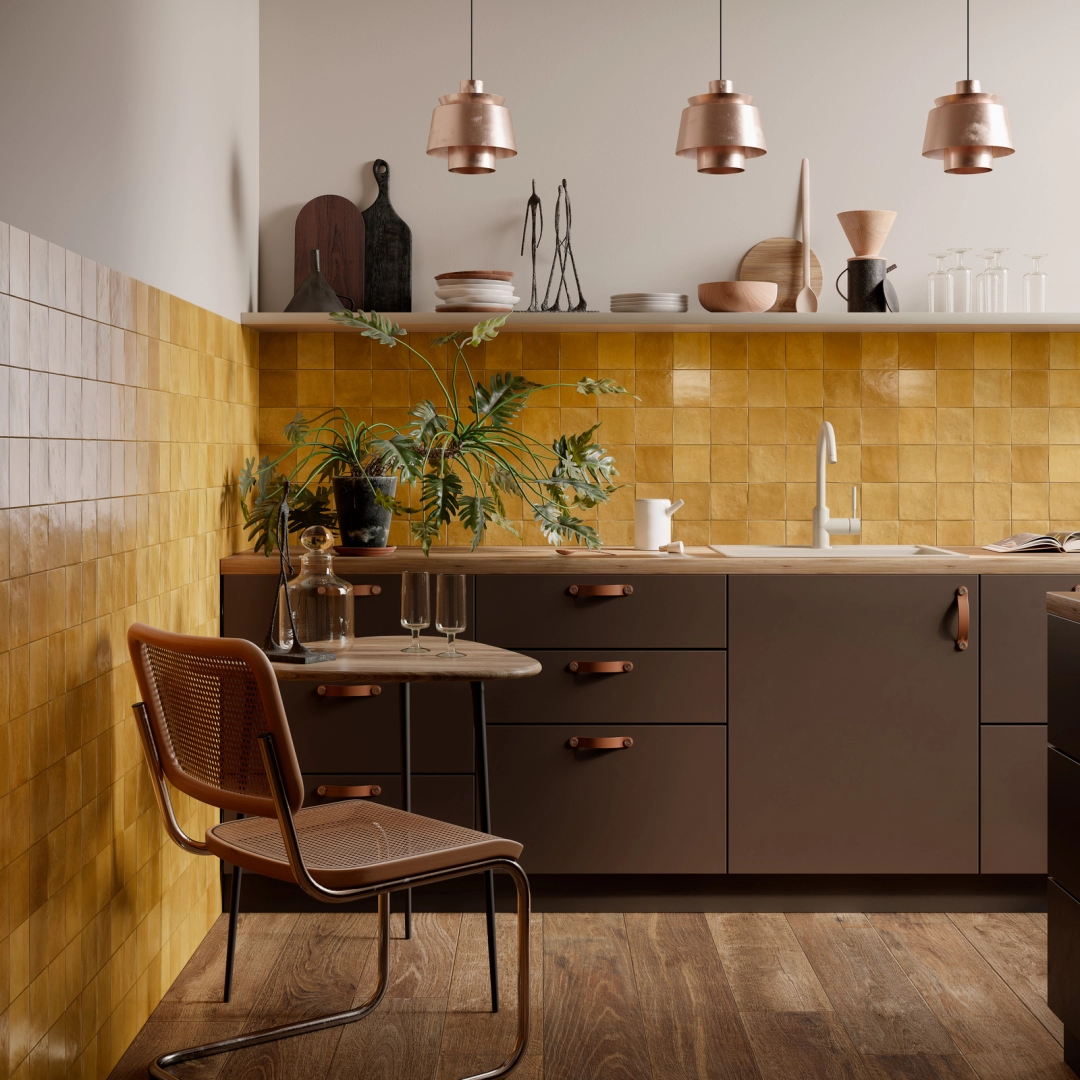 Gres Ragno Mélange efekt kolor w minimalistycznym salonie