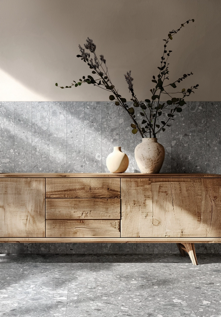 Wielkoformatowy gres Ragno Realstone Ceppo efekt terrazzo w eleganckiej strefie dziennej