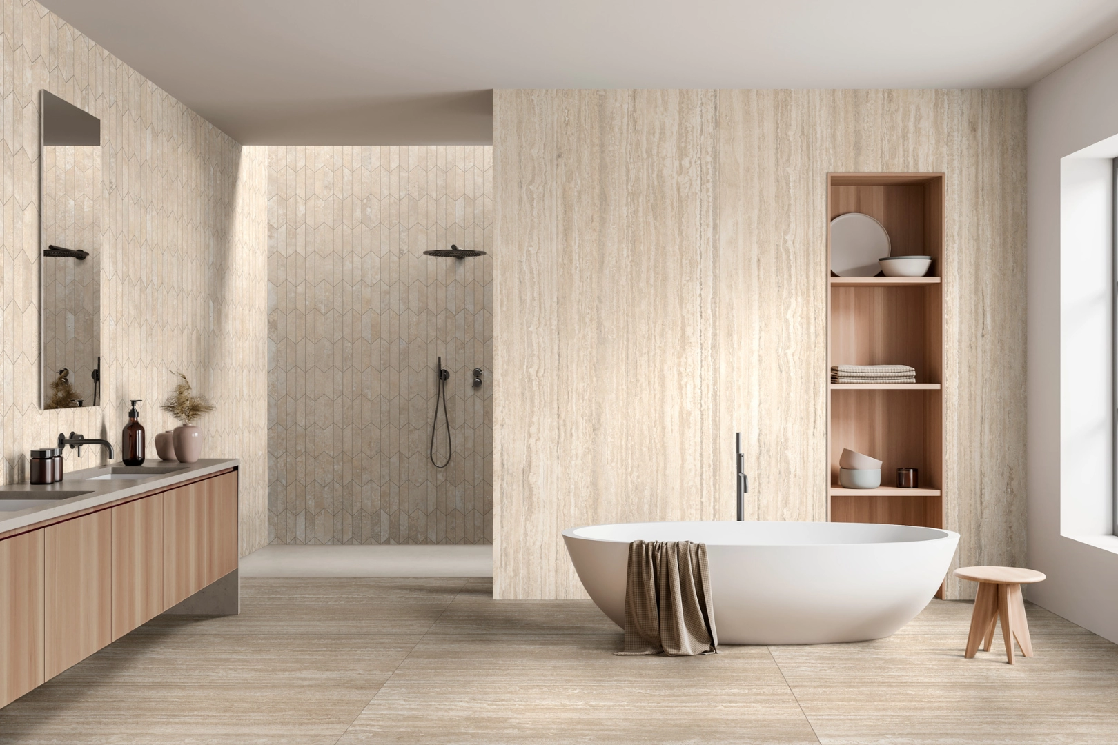 Gres porcelanowy Ragno Realstone Travertino o efekcie kamień w sypialni