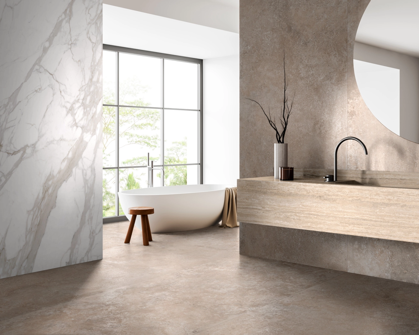 Płytki gresowe Ragno Realstone Travertino efekt kamień w nowoczesnej łazience