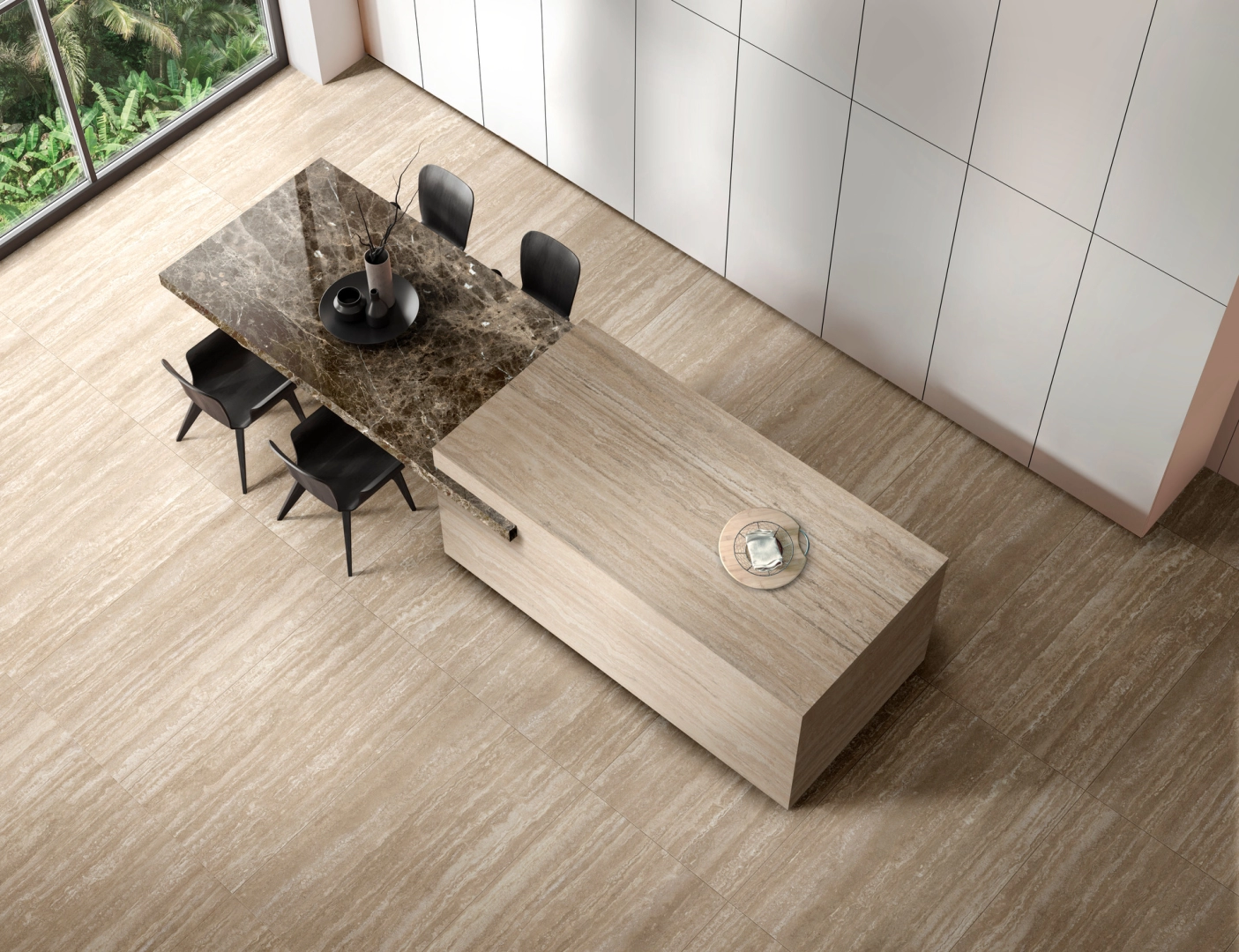 Ragno Realstone Travertino gres efekt kamień w nowoczesnej kuchni