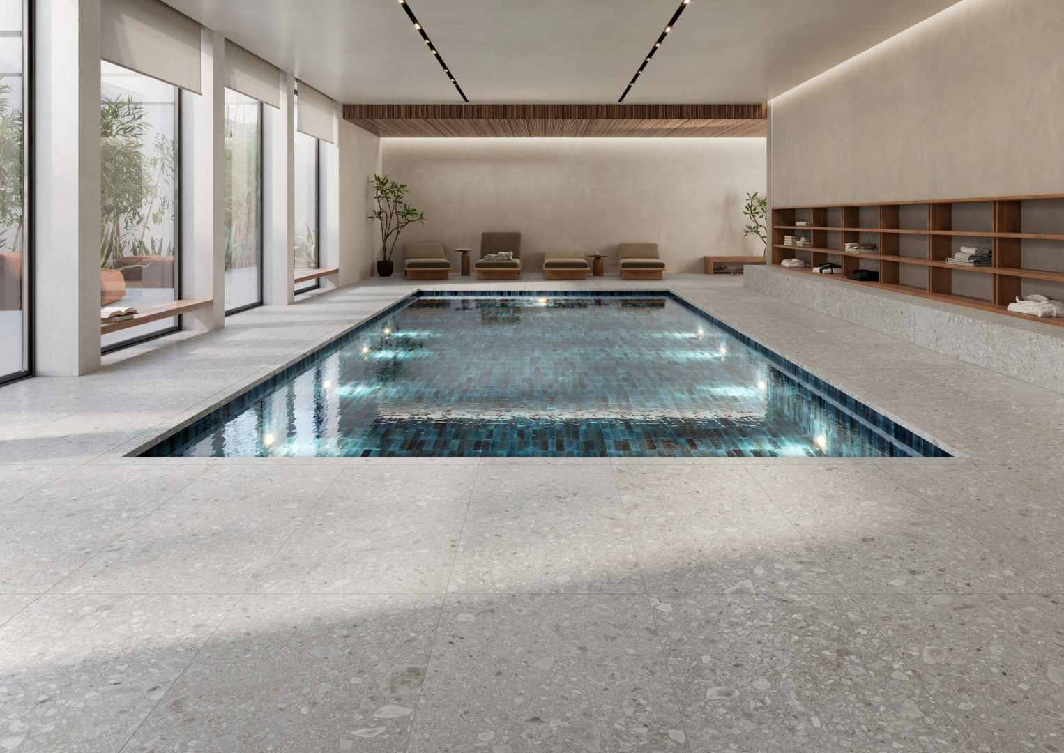 Gres Ragno Realstone Ceppo efekt terrazzo w przestronnym salonie z oknami tarasowymi