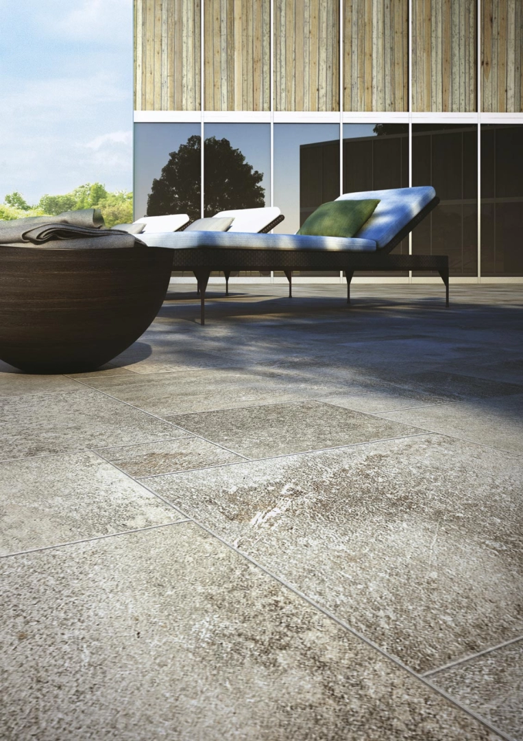 Wielkoformatowy gres Ragno Stoneway Barge Antica efekt terrazzo, Kamień w eleganckiej strefie dziennej