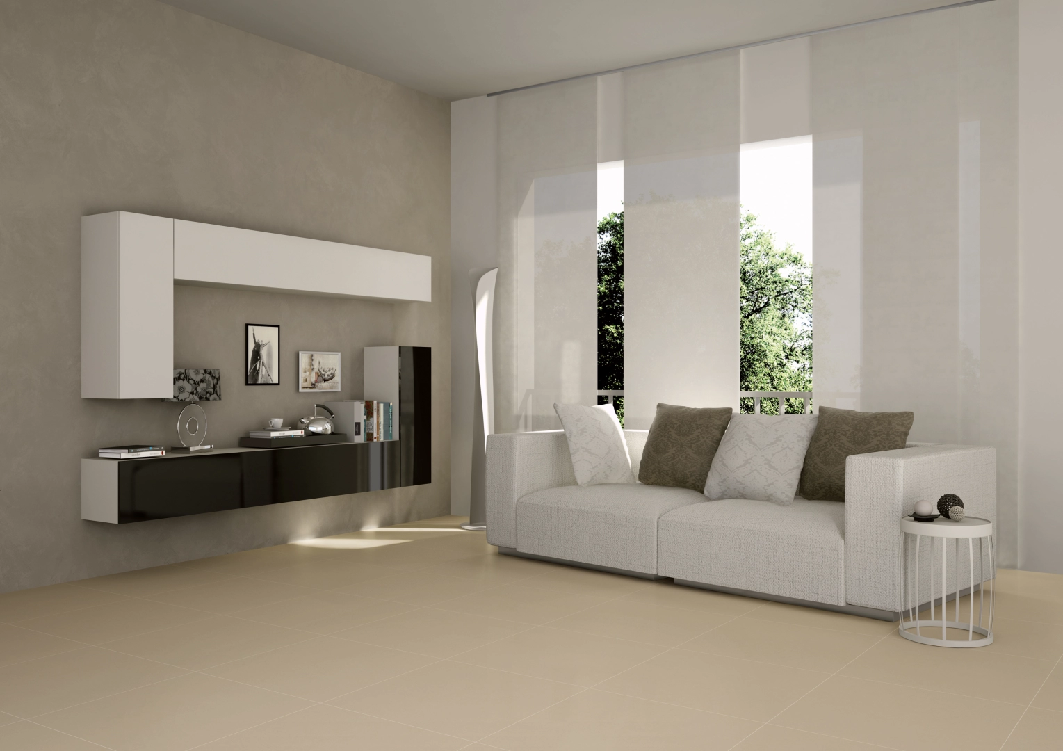 Gres Ragno Casablanca efekt kamień, Beton w eleganckim salonie z dużymi przeszkleniami