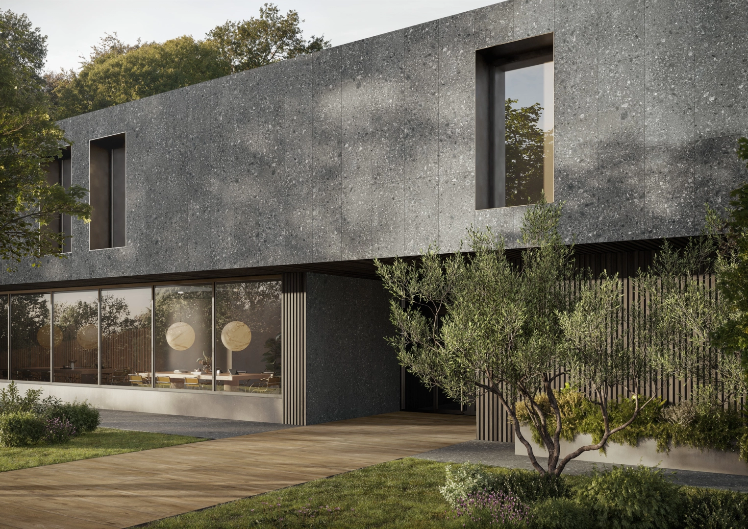 Płytki Ragno Realstone Ceppo efekt terrazzo w minimalistycznym wnętrzu
