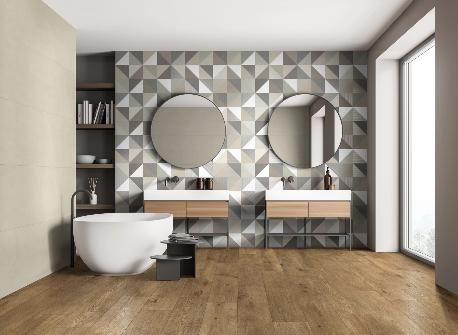 Gres porcelanowy Ragno Inedito o efekcie drewno w sypialni
