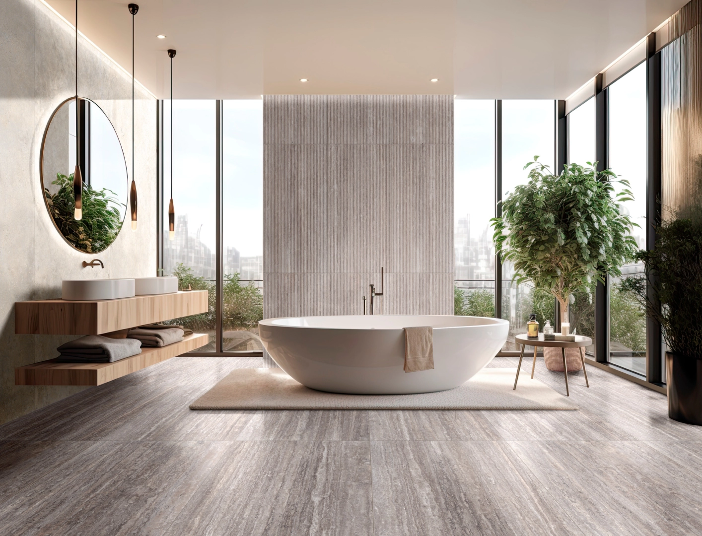 Gres Ragno Realstone Travertino efekt kamień w minimalistycznym salonie
