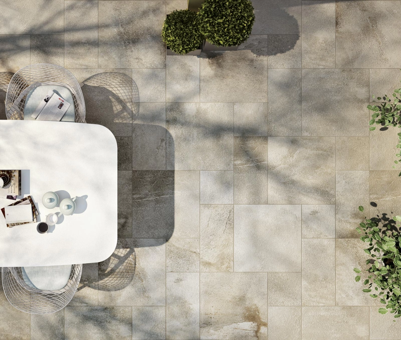 Gres porcelanowy Ragno Stoneway Barge Antica efekt terrazzo, Kamień w luksusowym salonie