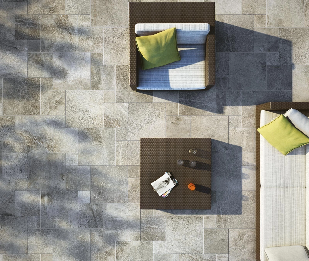Gres Ragno Stoneway Barge Antica efekt terrazzo, Kamień w minimalistycznym salonie