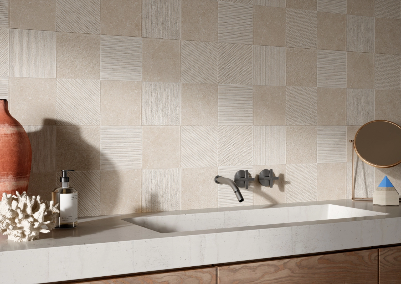 Gres porcelanowy Ragno Eterna efekt terrazzo, Kamień, Beton, Marmur w luksusowym salonie