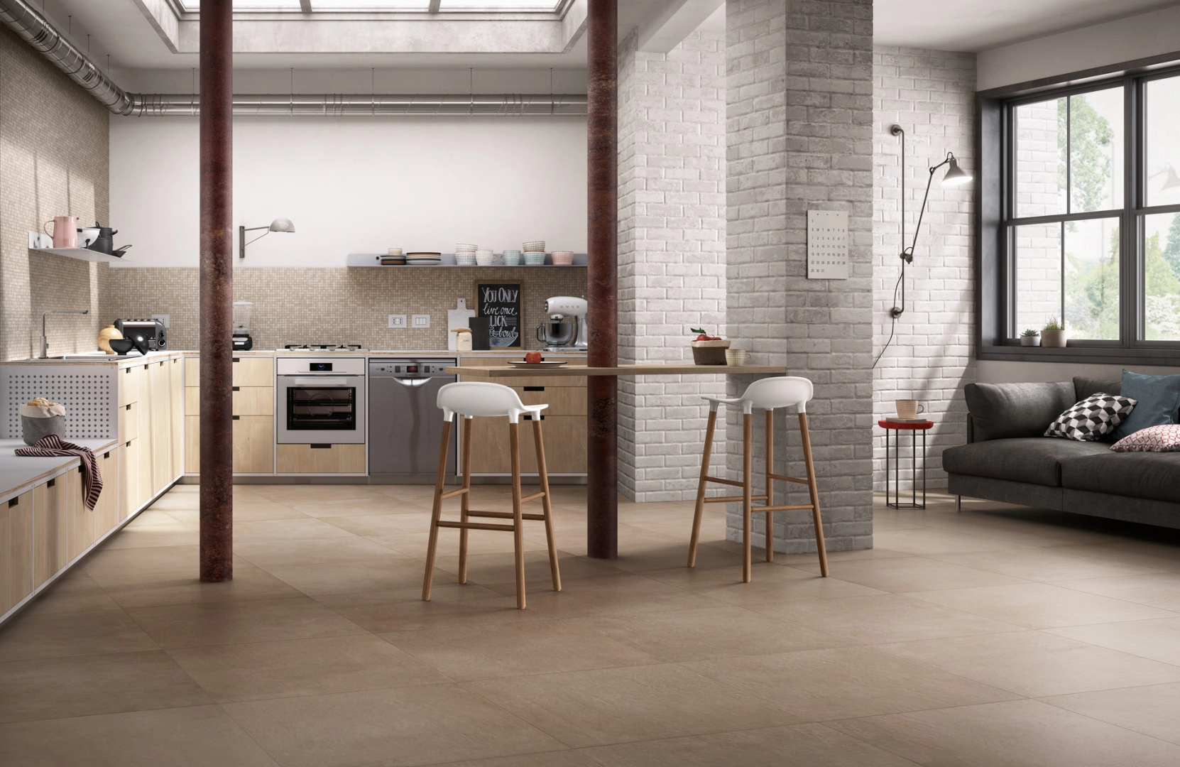 Ragno Studio – gres imitujący kamień, Beton w salonie w stylu skandynawskim