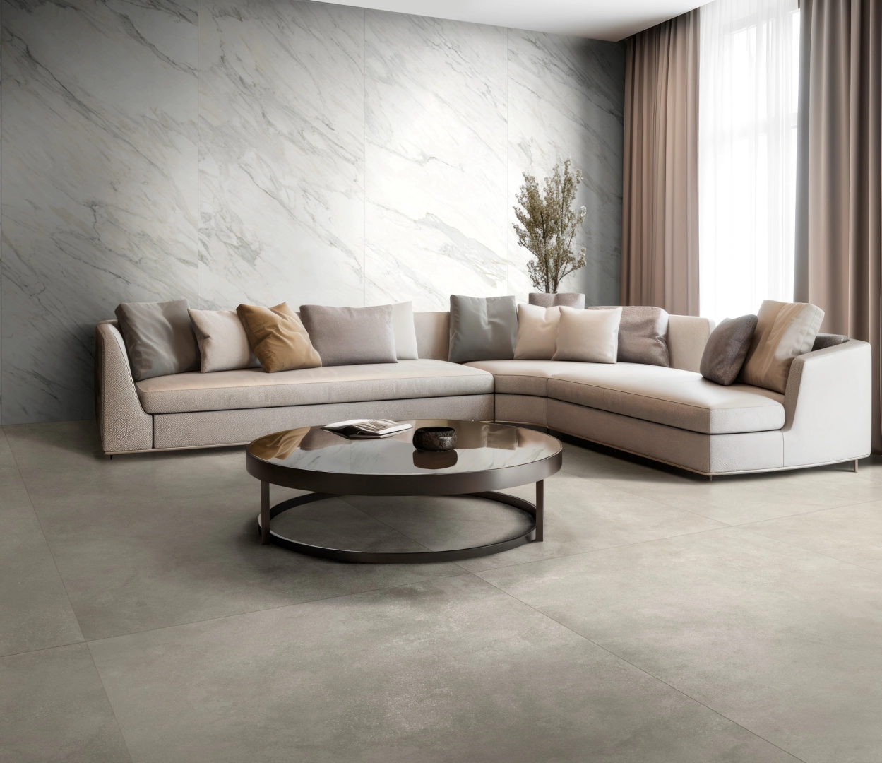 Gres Ragno Stratford efekt kamień, Beton w minimalistycznym salonie – aranżacja 46