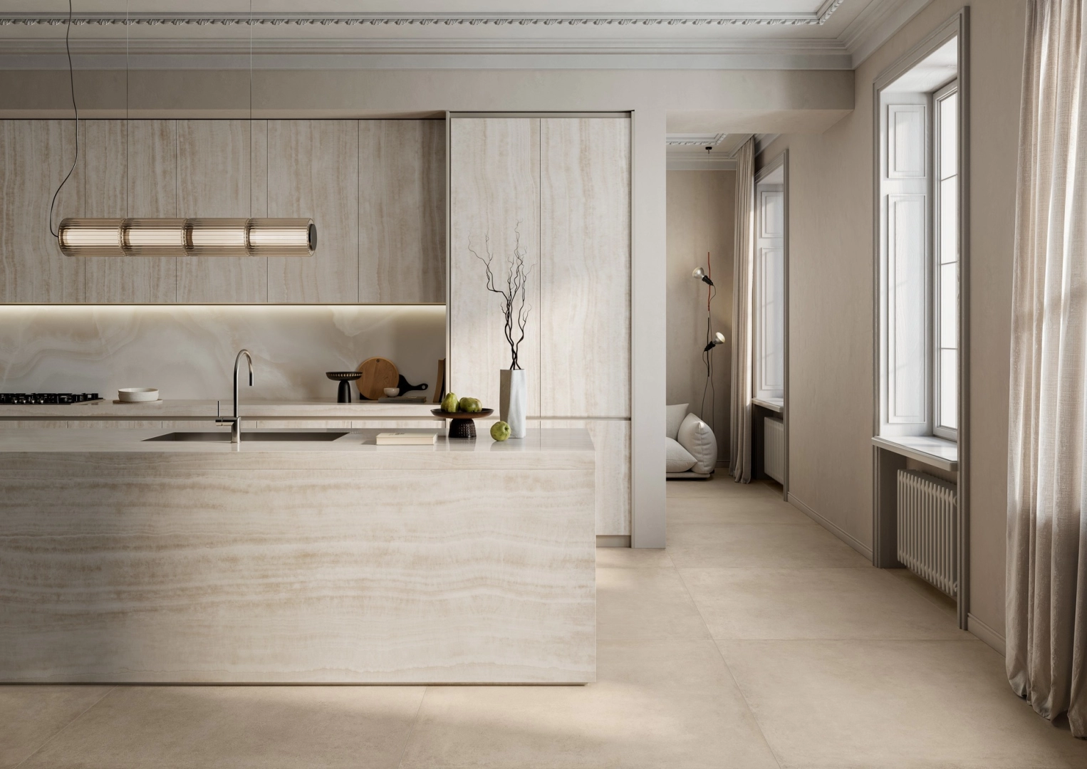 Gres porcelanowy Ragno Incanto efekt marmur w nowoczesnej aranżacji salonu