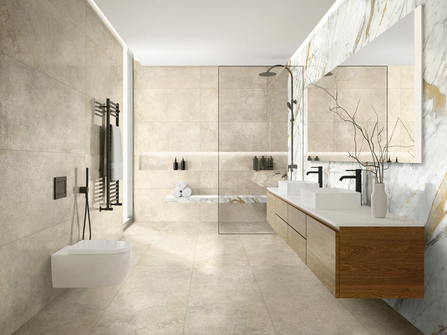 Gres porcelanowy Ragno Kalkstone efekt kamień w luksusowym salonie