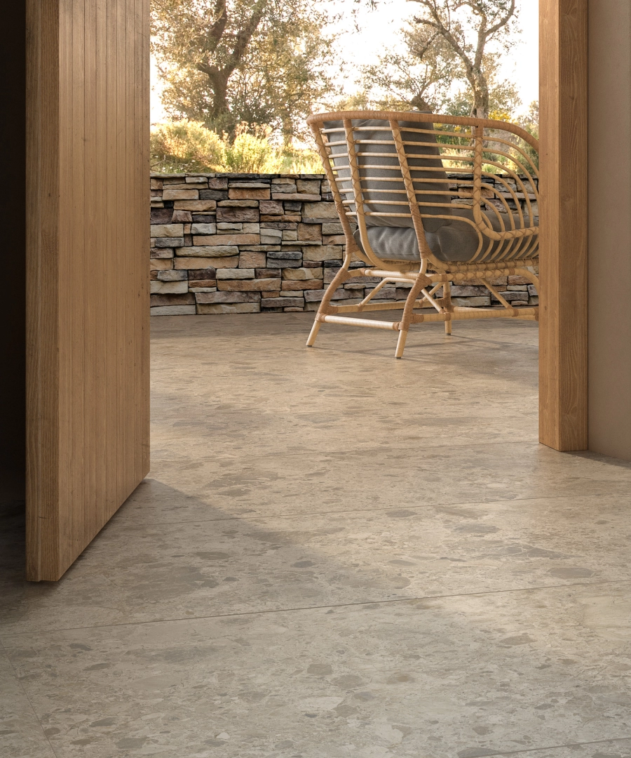 Ragno Eterna efekt terrazzo, Kamień, Beton, Marmur – aranżacja salonu w stylu loft