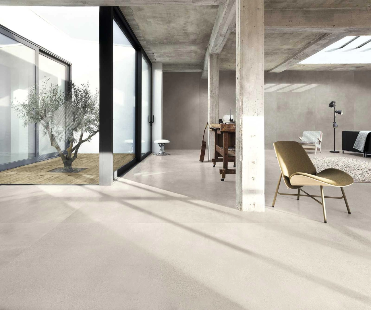 Płytki Ragno Maiora Concrete Effect efekt beton w minimalistycznym wnętrzu