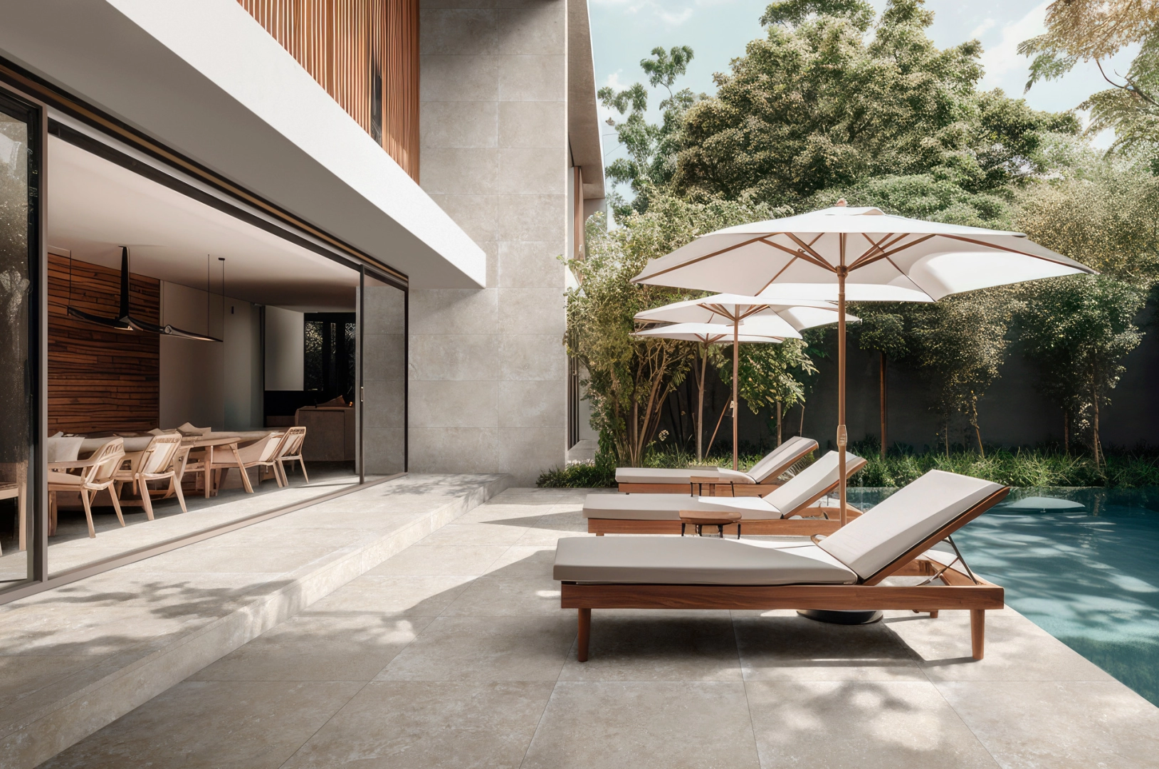 Ragno Realstone Travertino gres o efekcie kamień w eleganckim wnętrzu z kominkiem