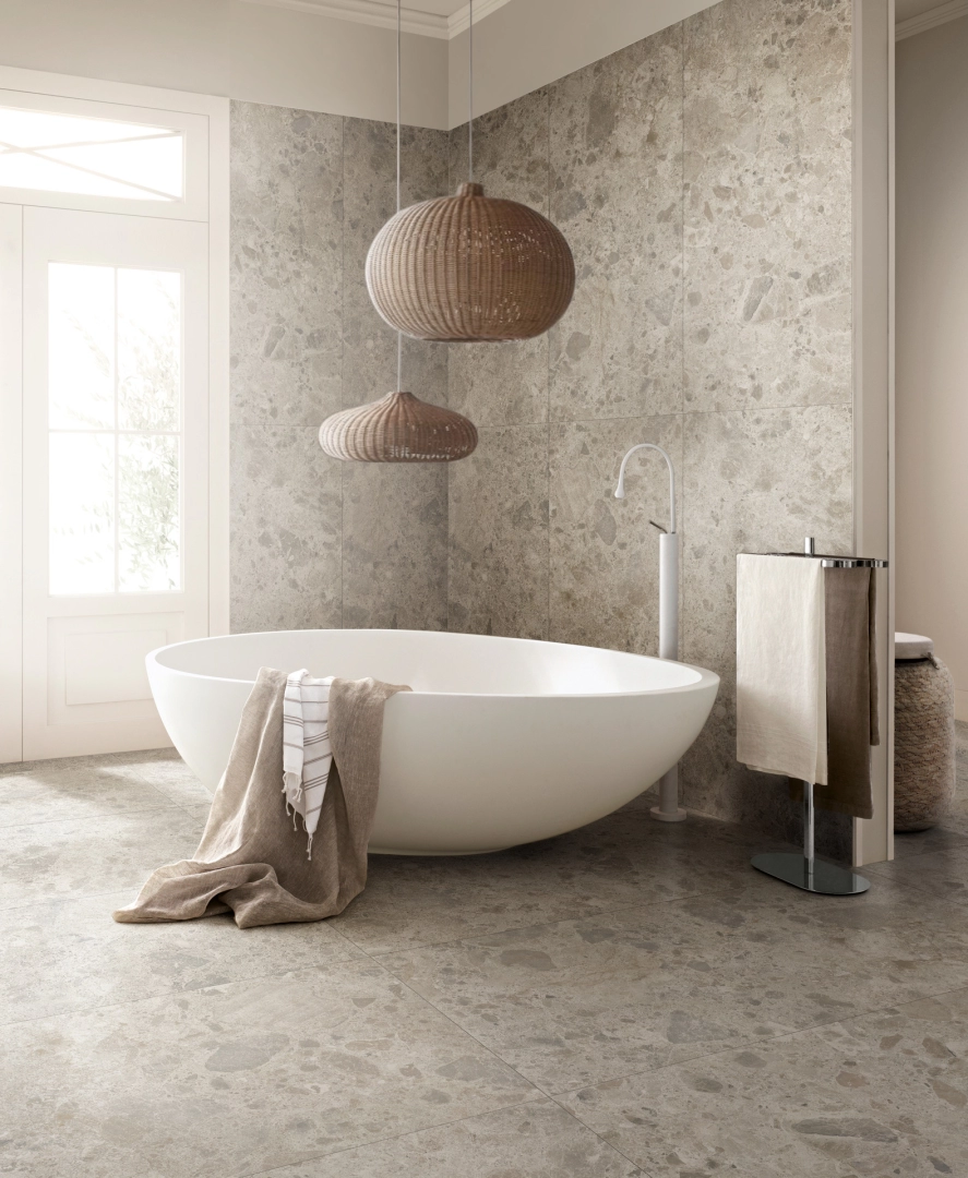 Ragno Eterna gres efekt terrazzo, Kamień, Beton, Marmur w nowoczesnej kuchni