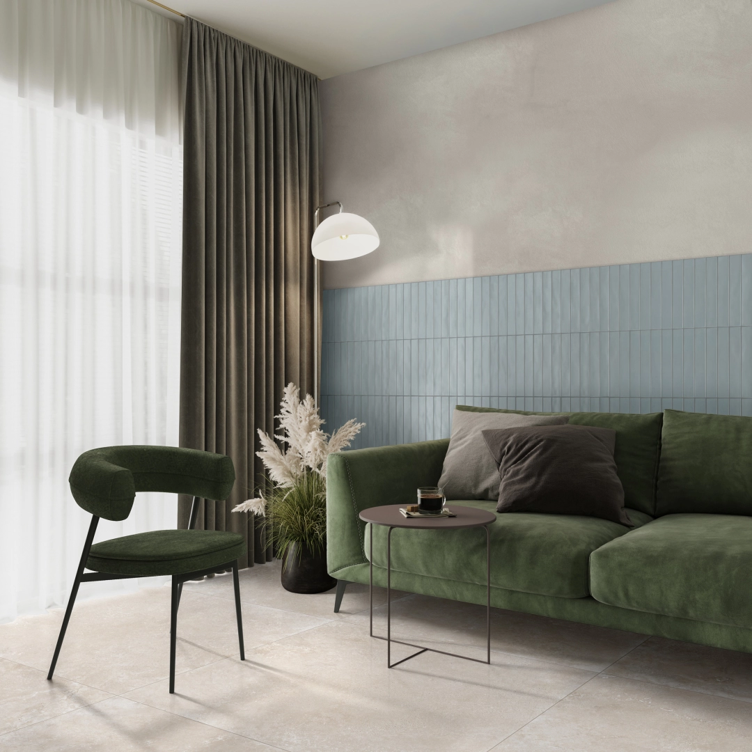 Wielkoformatowy gres Ragno Travertino Wall efekt kamień w eleganckiej strefie dziennej