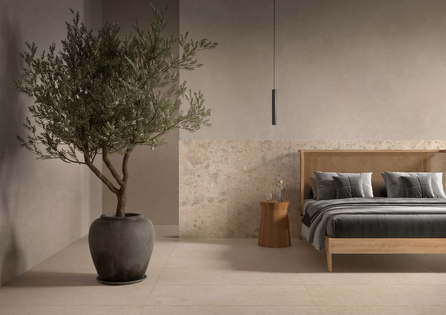 Gres porcelanowy Ragno Eterna efekt terrazzo, Kamień, Beton, Marmur w nowoczesnej aranżacji salonu