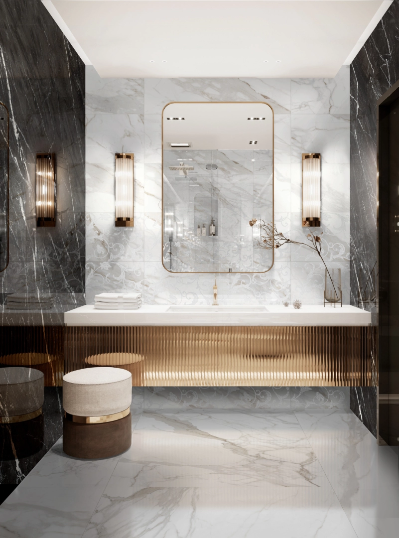 Gres porcelanowy Ragno Incanto o efekcie marmur w sypialni