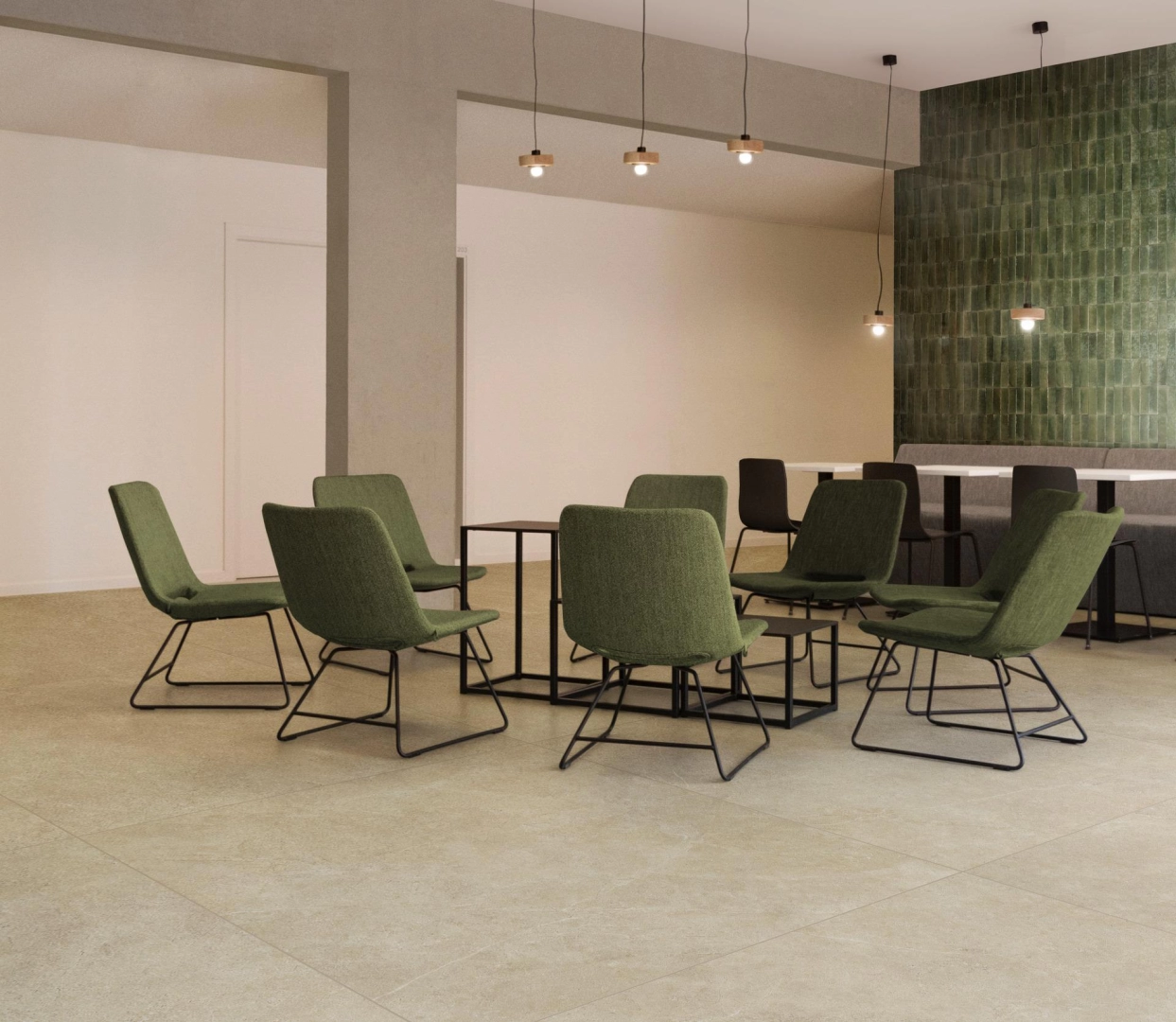Gres porcelanowy Ragno Realstone Argent efekt beton w nowoczesnej aranżacji salonu