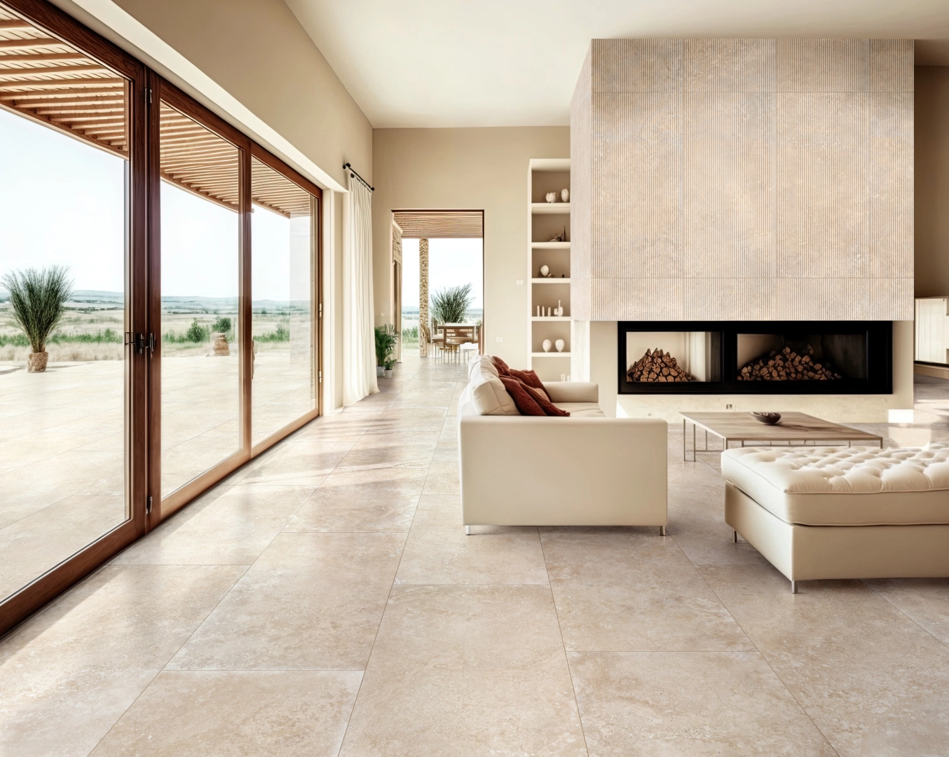 Płytki Ragno Realstone Travertino efekt kamień w minimalistycznym wnętrzu