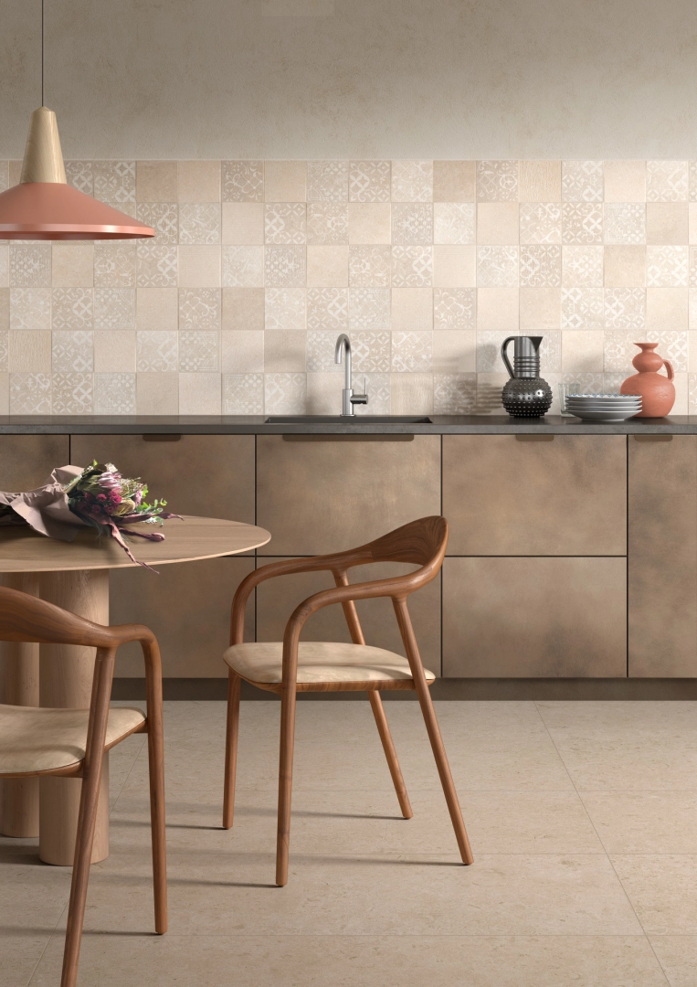 Płytki Ragno Eterna efekt terrazzo, Kamień, Beton, Marmur w minimalistycznym wnętrzu