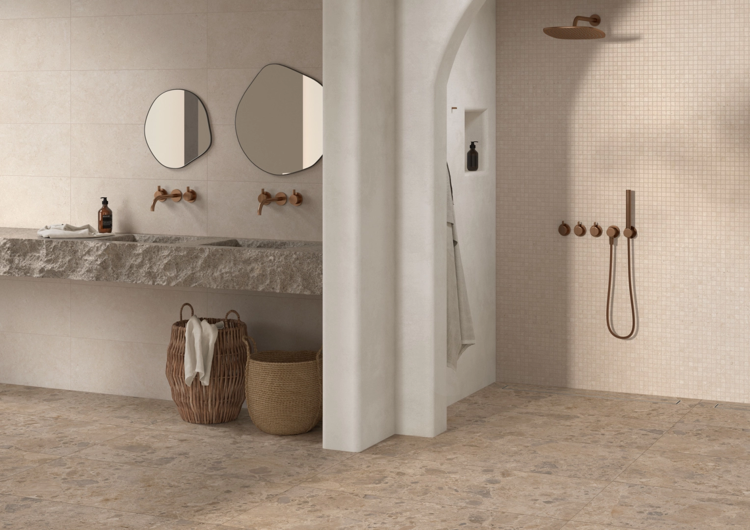 Ragno Eterna gres o efekcie terrazzo, Kamień, Beton, Marmur w nowoczesnym apartamencie