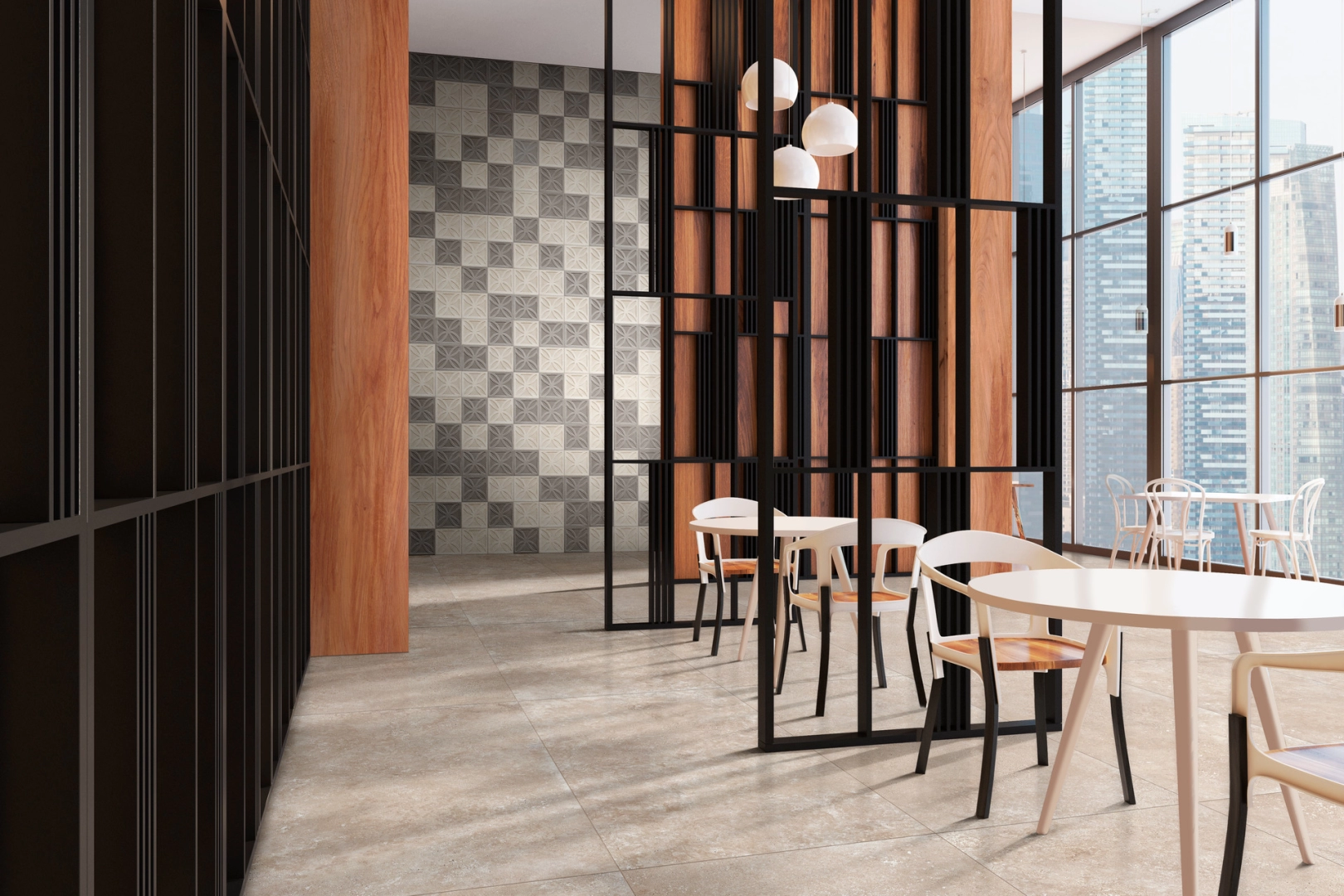 Gres Ragno Realstone Travertino imitujący kamień w jasnej łazience