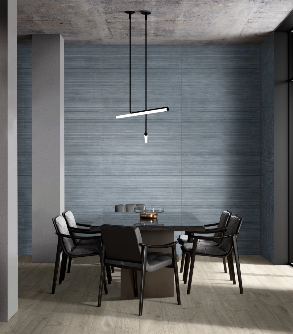 Gres porcelanowy Ragno Stratford Wall efekt kamień w luksusowym salonie